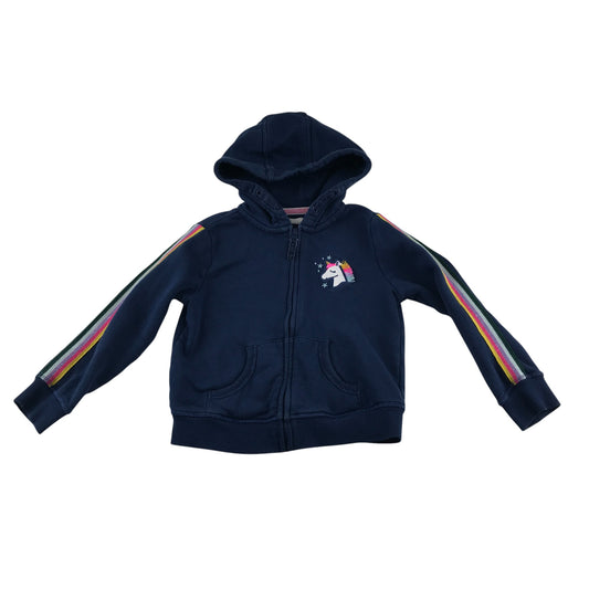 M&S hoodie 5-6 years navy with multicolour sleeve stripe and unicorn patch cotton