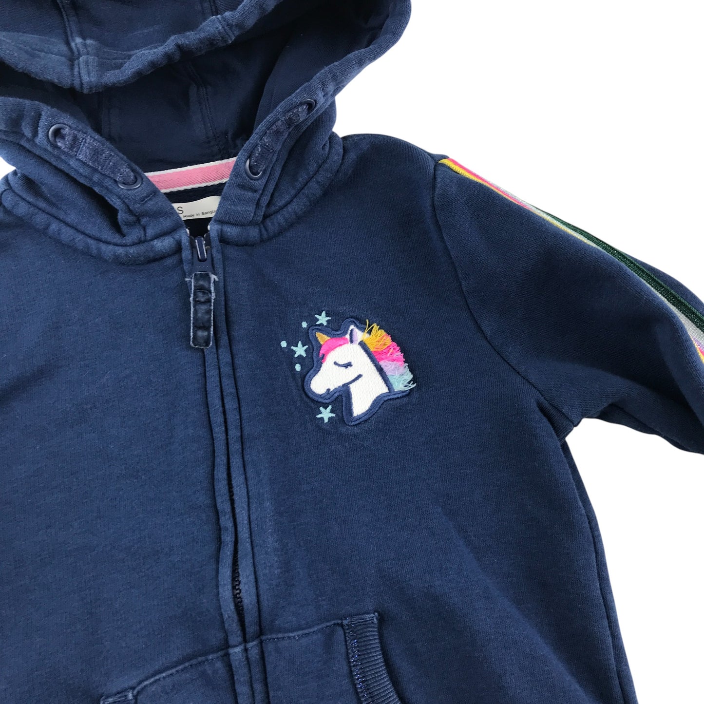 M&S hoodie 5-6 years navy with multicolour sleeve stripe and unicorn patch cotton