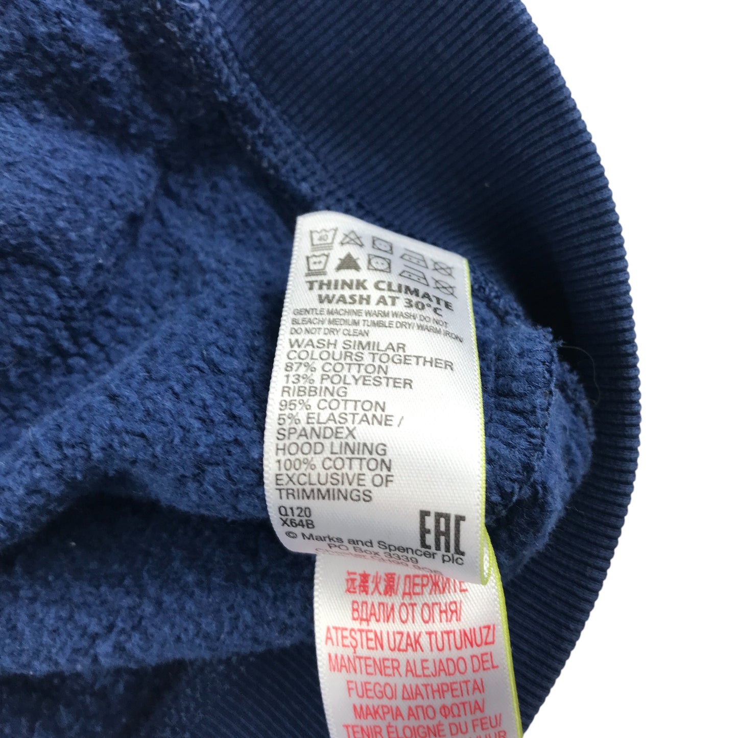 M&S hoodie 5-6 years navy with multicolour sleeve stripe and unicorn patch cotton