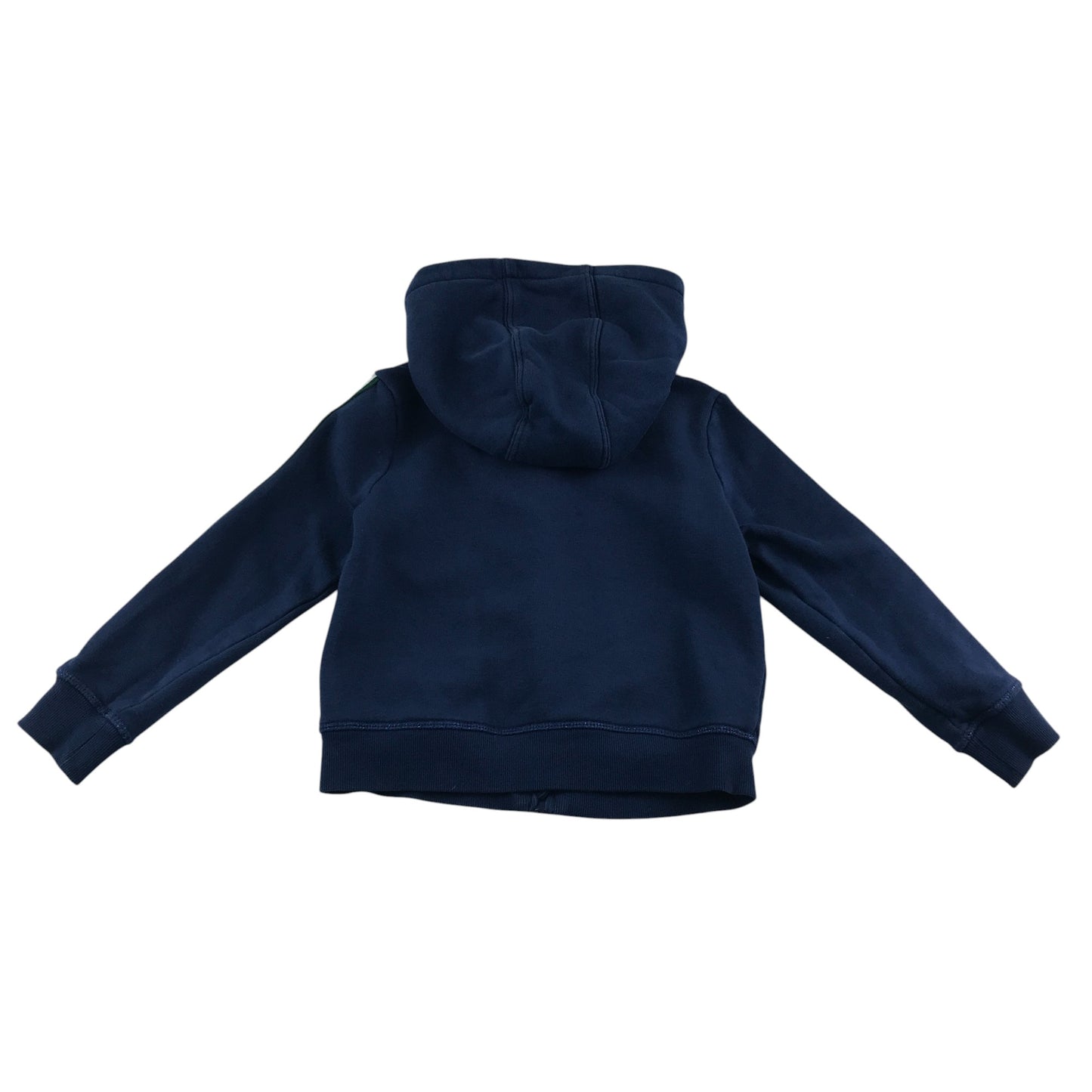M&S hoodie 5-6 years navy with multicolour sleeve stripe and unicorn patch cotton