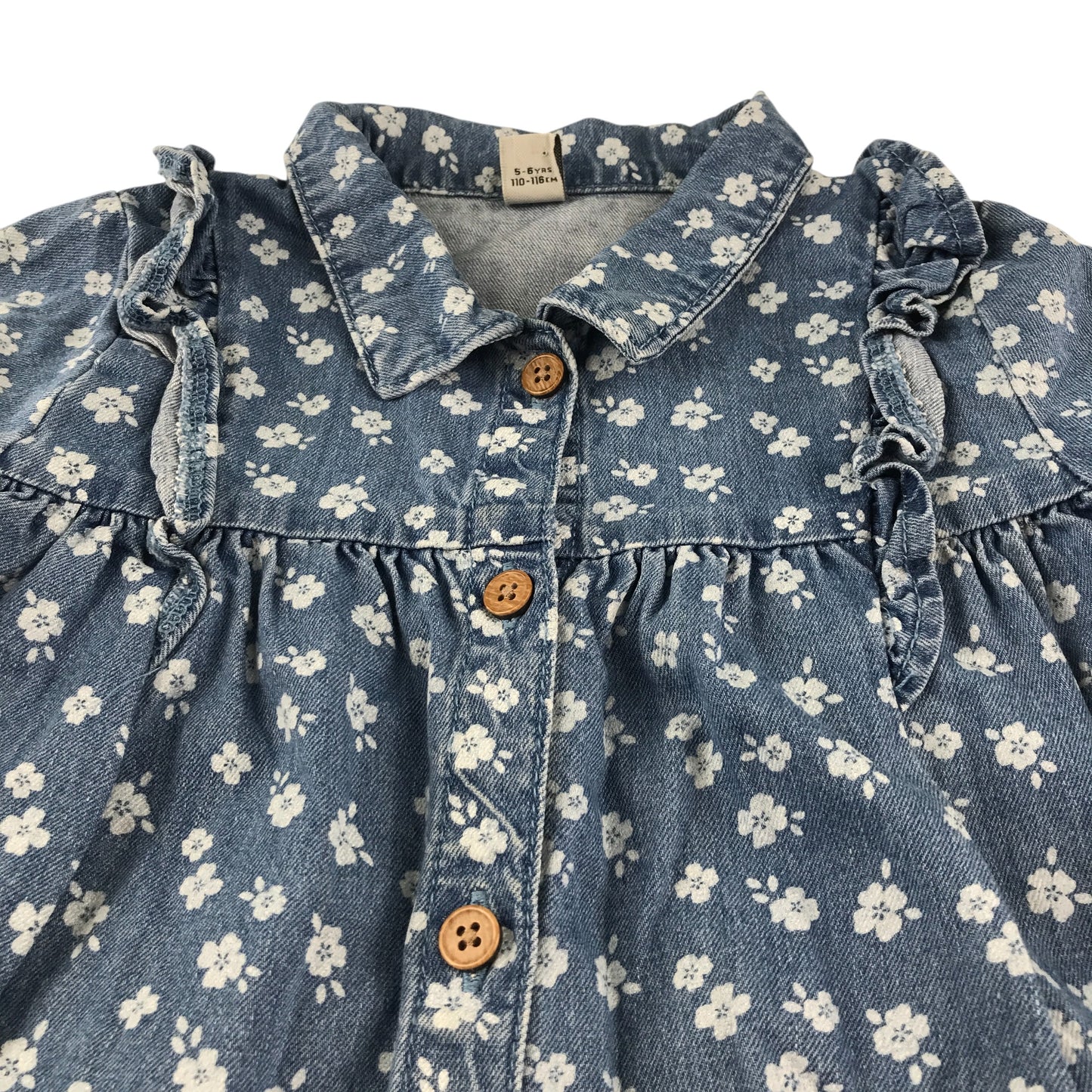 Tu dress 5-6 years blue long sleeve denim with floral print and frills