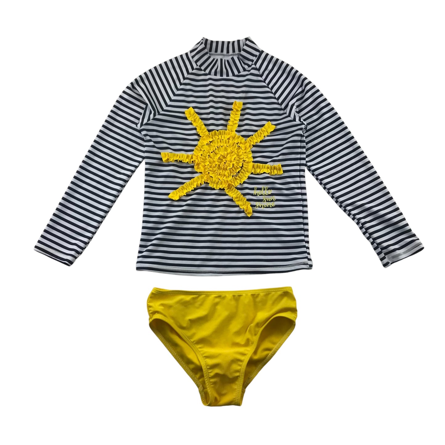 Tu Swimsuit 2 Piece 7-8 Years Black and White Stripy Top with Yellow Ruffled Sun and Bottoms