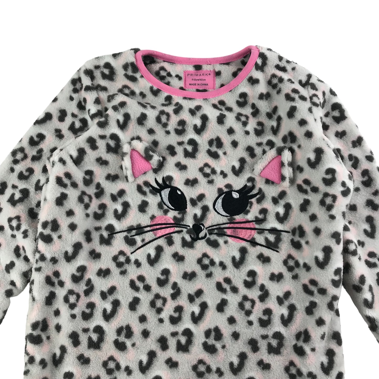 Primark Pyjama Set Age 11 Grey Leopard Print Pattern Long Sleeve Fleece