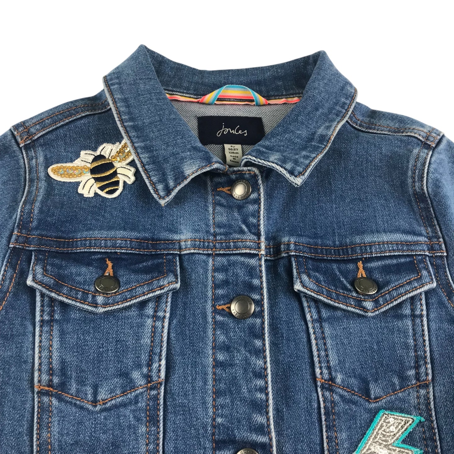 Joules denim jacket 7-8 years blue denim with sequin patchwork