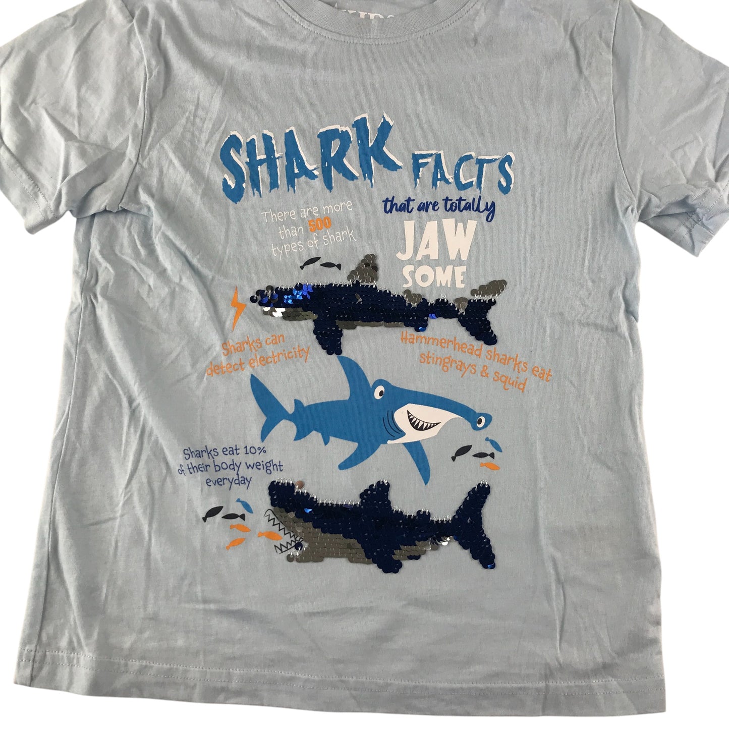 Peacocks t-shirt 6-7 years blue shark sequin graphic design cotton