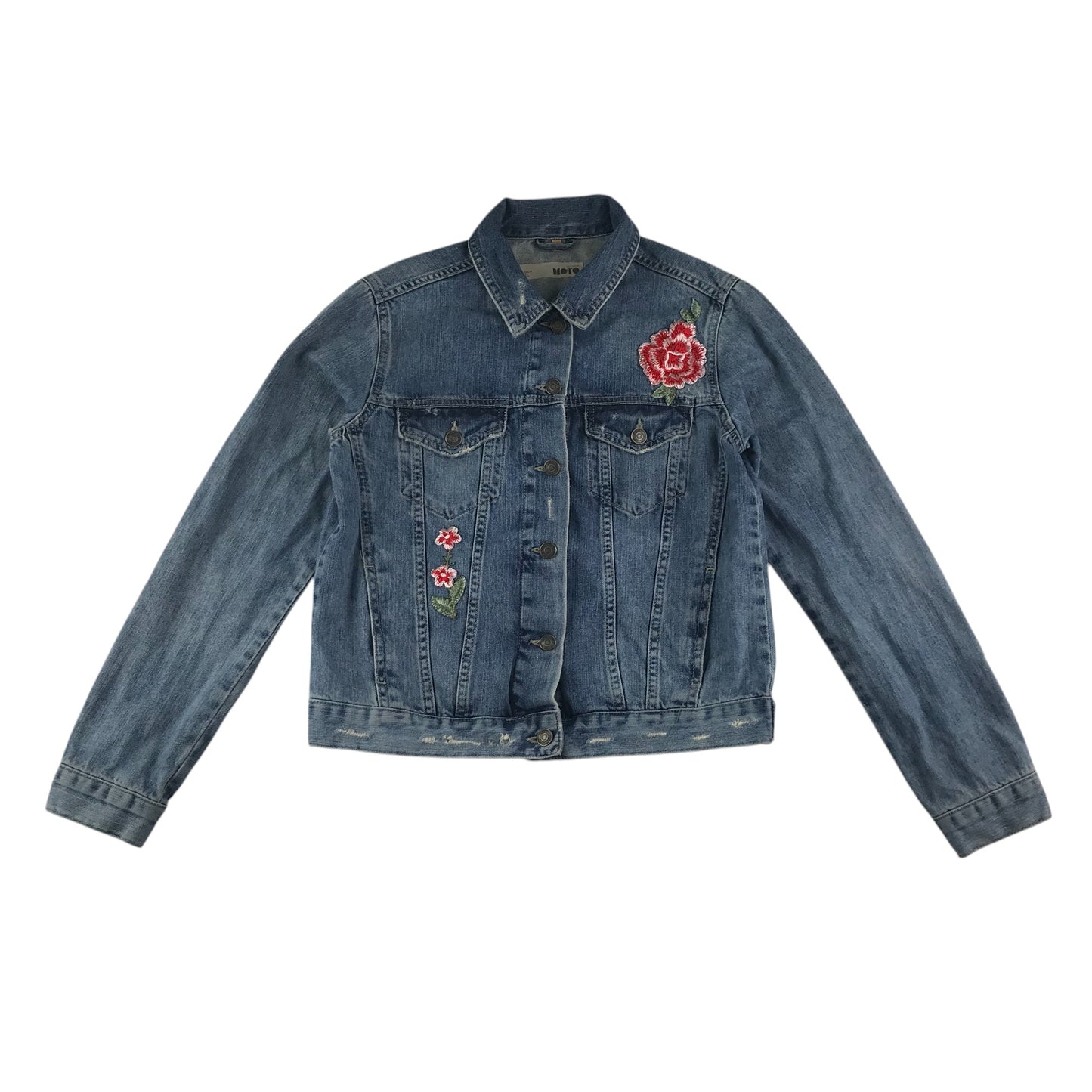 Top Shop denim jacket women size UK 10 blue denim with rose embroidery cotton