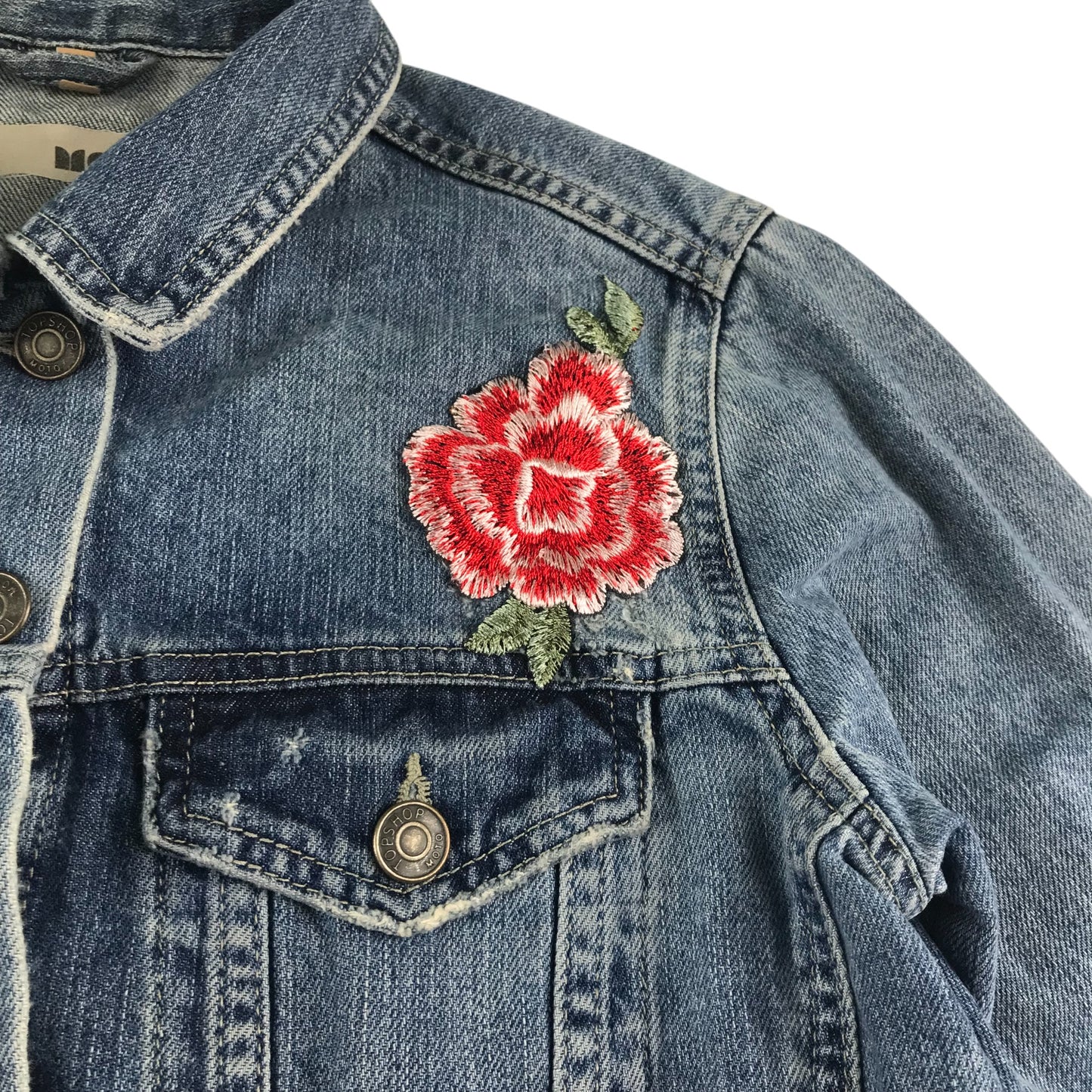 Top Shop denim jacket women size UK 10 blue denim with rose embroidery cotton