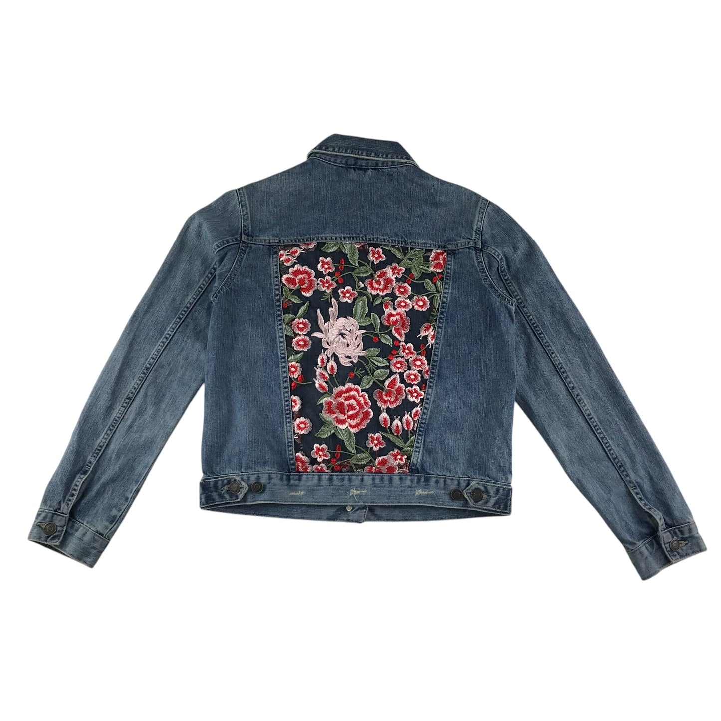 Top Shop denim jacket women size UK 10 blue denim with rose embroidery cotton