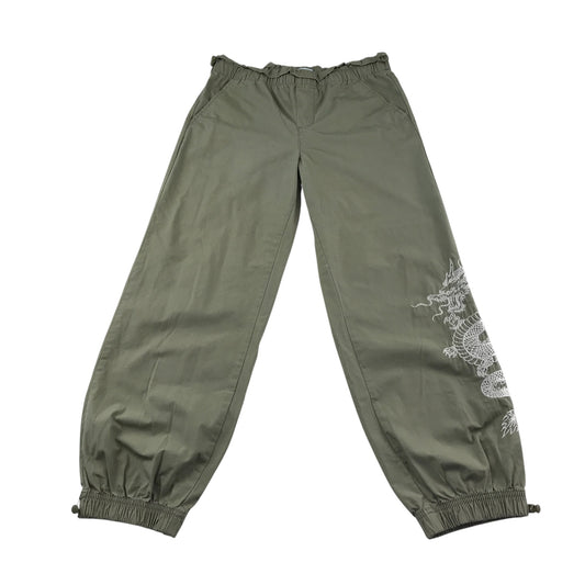 Primark jogger trouser 12-13 years khaki green dragon embroidery print cotton