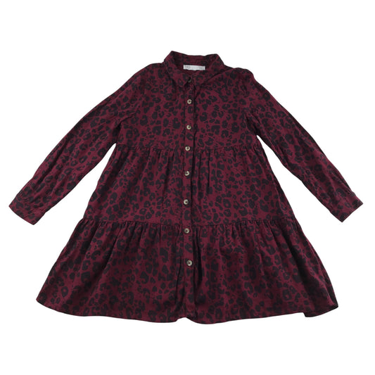 M&S Shirt Dress 7-8 Years Burgundy Button Up Leopard Print