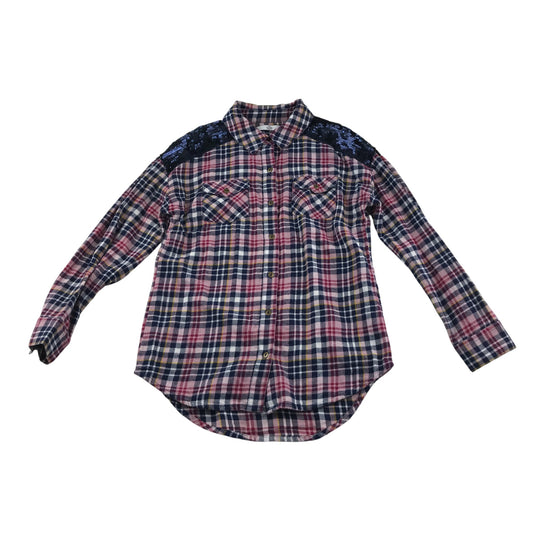 M&S Longline Shirt 9-10 years tan multicolour check button black sequins cotton