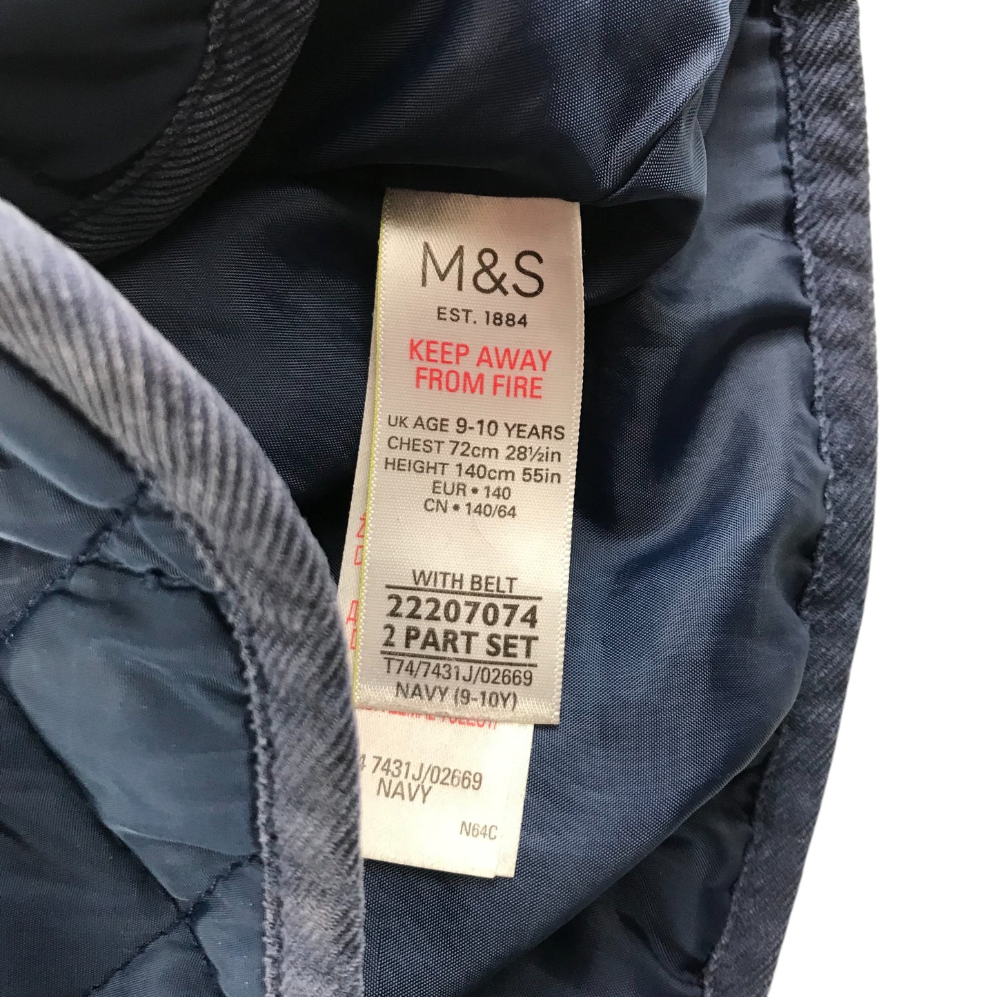 M&S jacket 9-10 years navy blue light quilted with hood