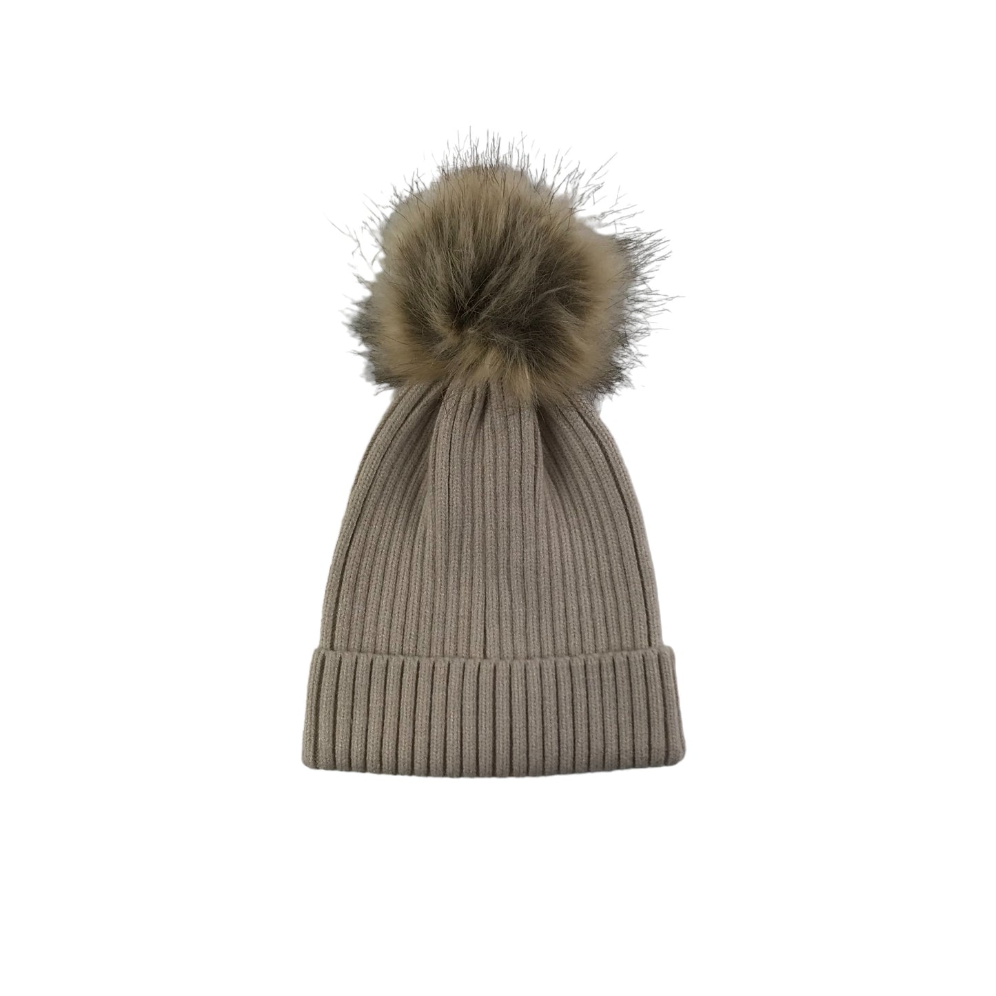 Bobble Hat Age 6-10 Beige Plain with Faux Fur Bobble