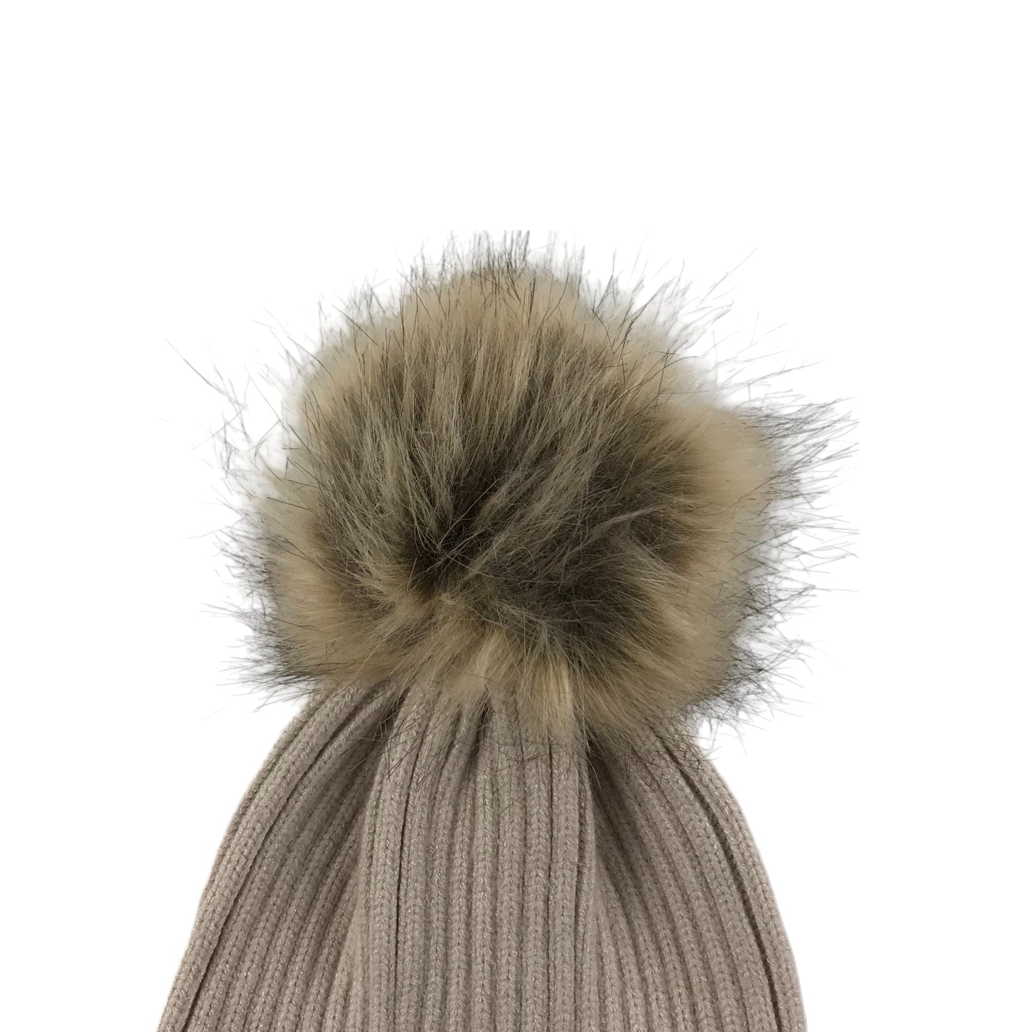 Bobble Hat Age 6-10 Beige Plain with Faux Fur Bobble