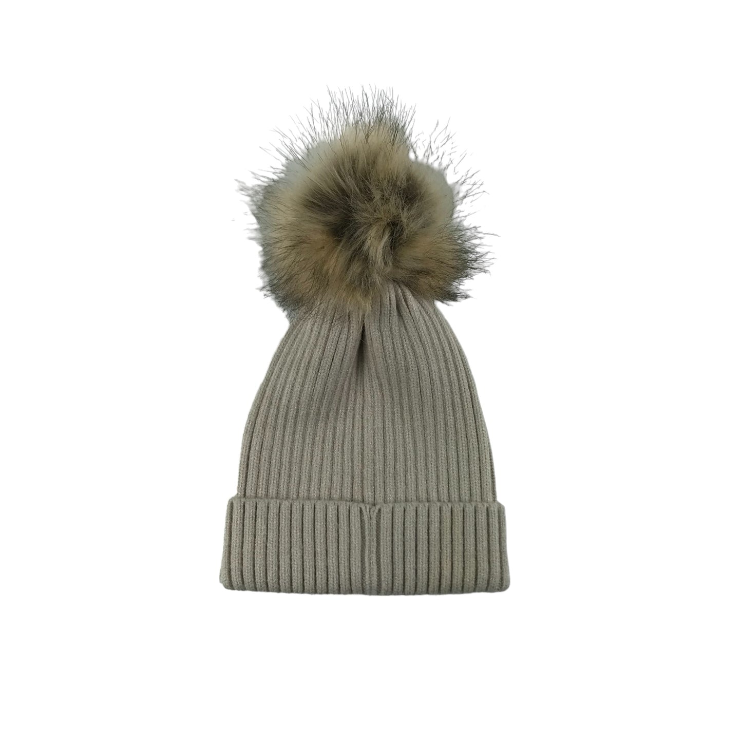 Bobble Hat Age 6-10 Beige Plain with Faux Fur Bobble