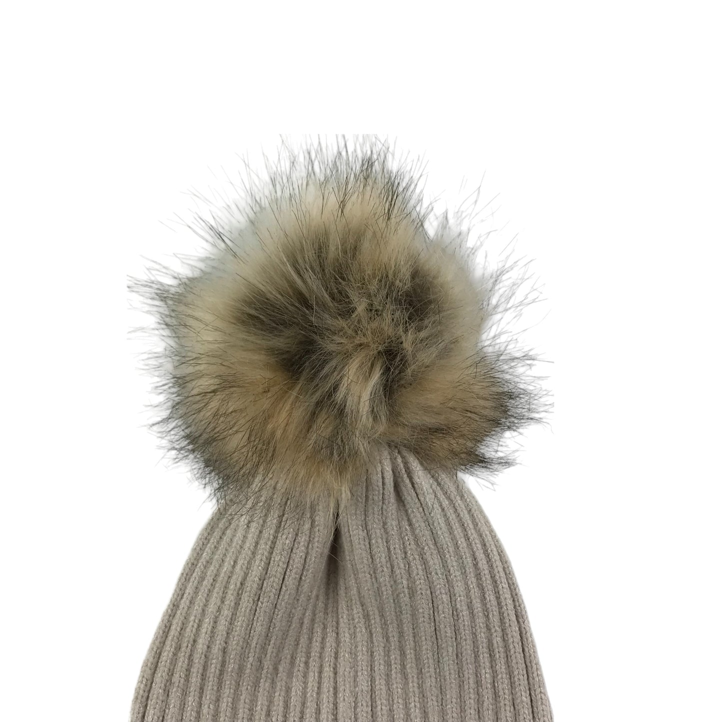 Bobble Hat Age 6-10 Beige Plain with Faux Fur Bobble