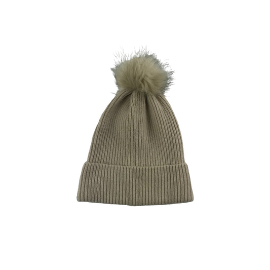 Primark Bobble Hat ONE SIZE Beige Plain with Faux Fur Bobble