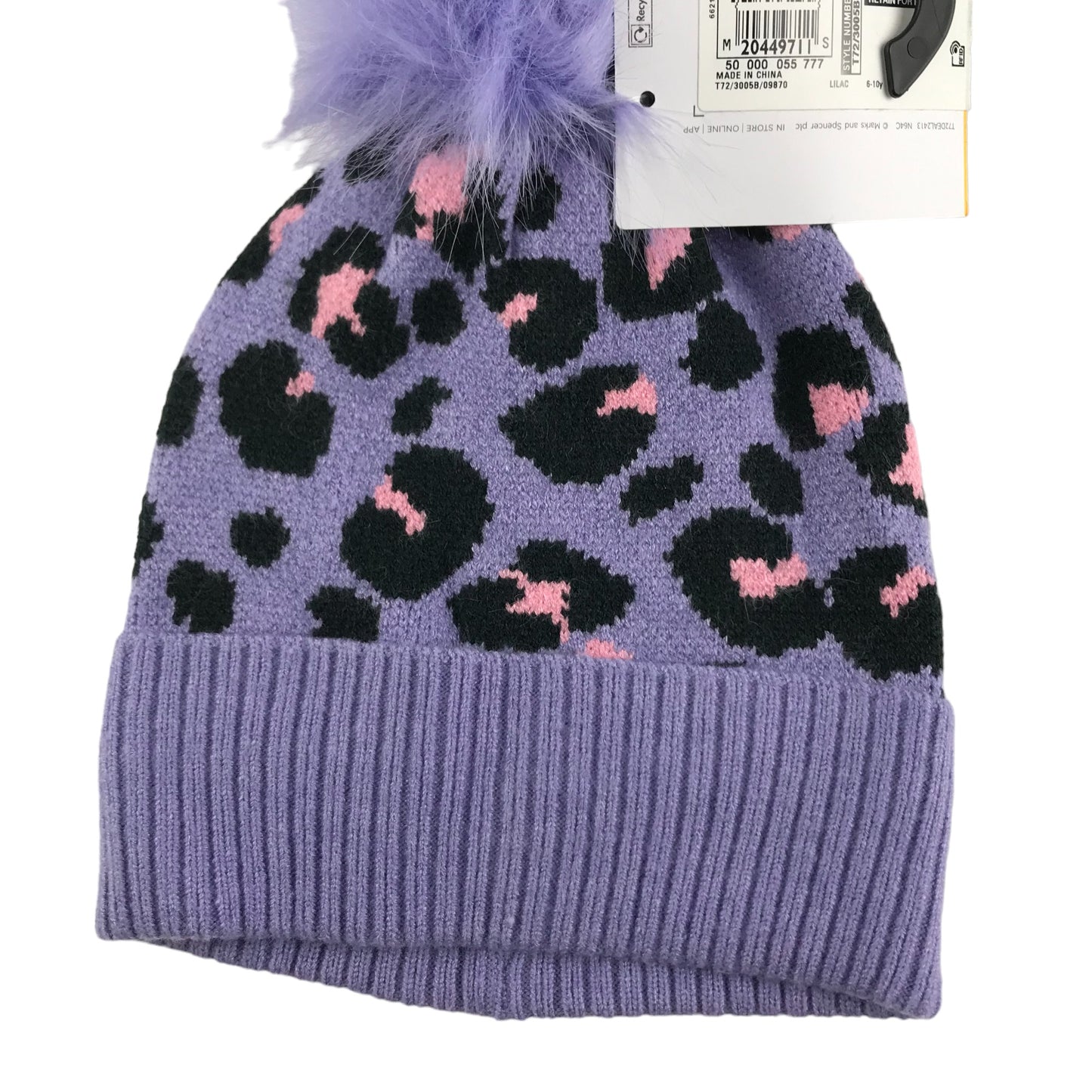 M&S Bobble Hat Age 6-10 Purple Leopard Spots