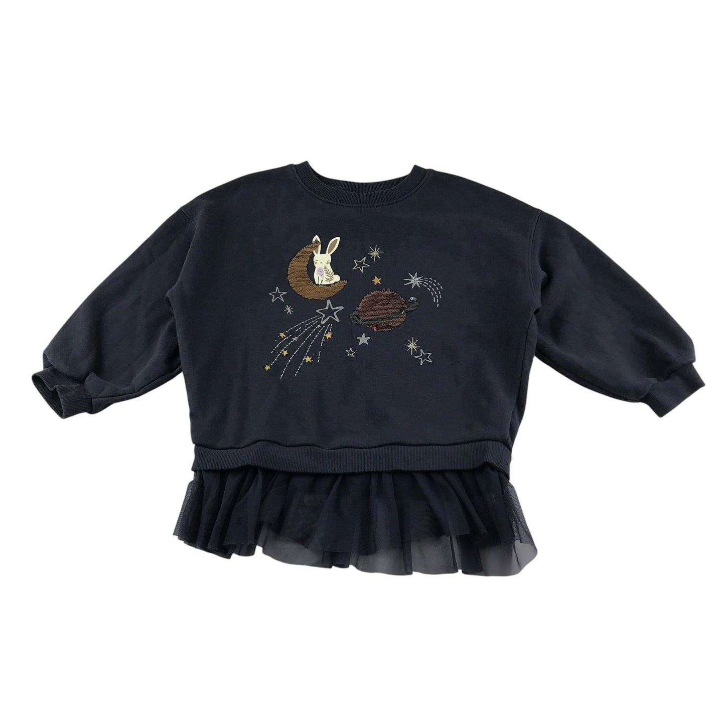 Next sweater 5-6 years navy sequin moon and Jupiter pace themed design with tulle hem