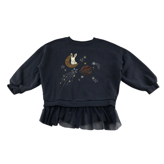 Next sweater 5-6 years navy sequin moon and Jupiter pace themed design with tulle hem