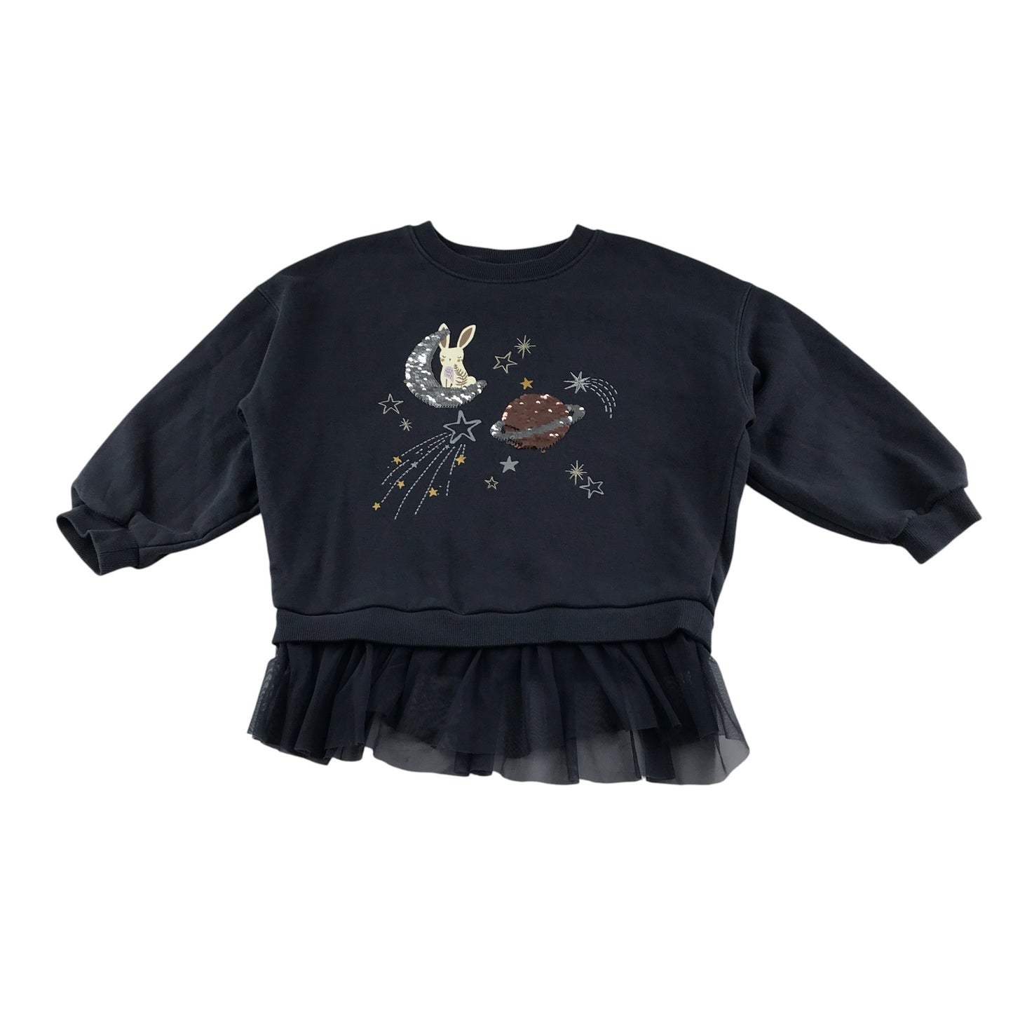 Next sweater 5-6 years navy sequin moon and Jupiter pace themed design with tulle hem