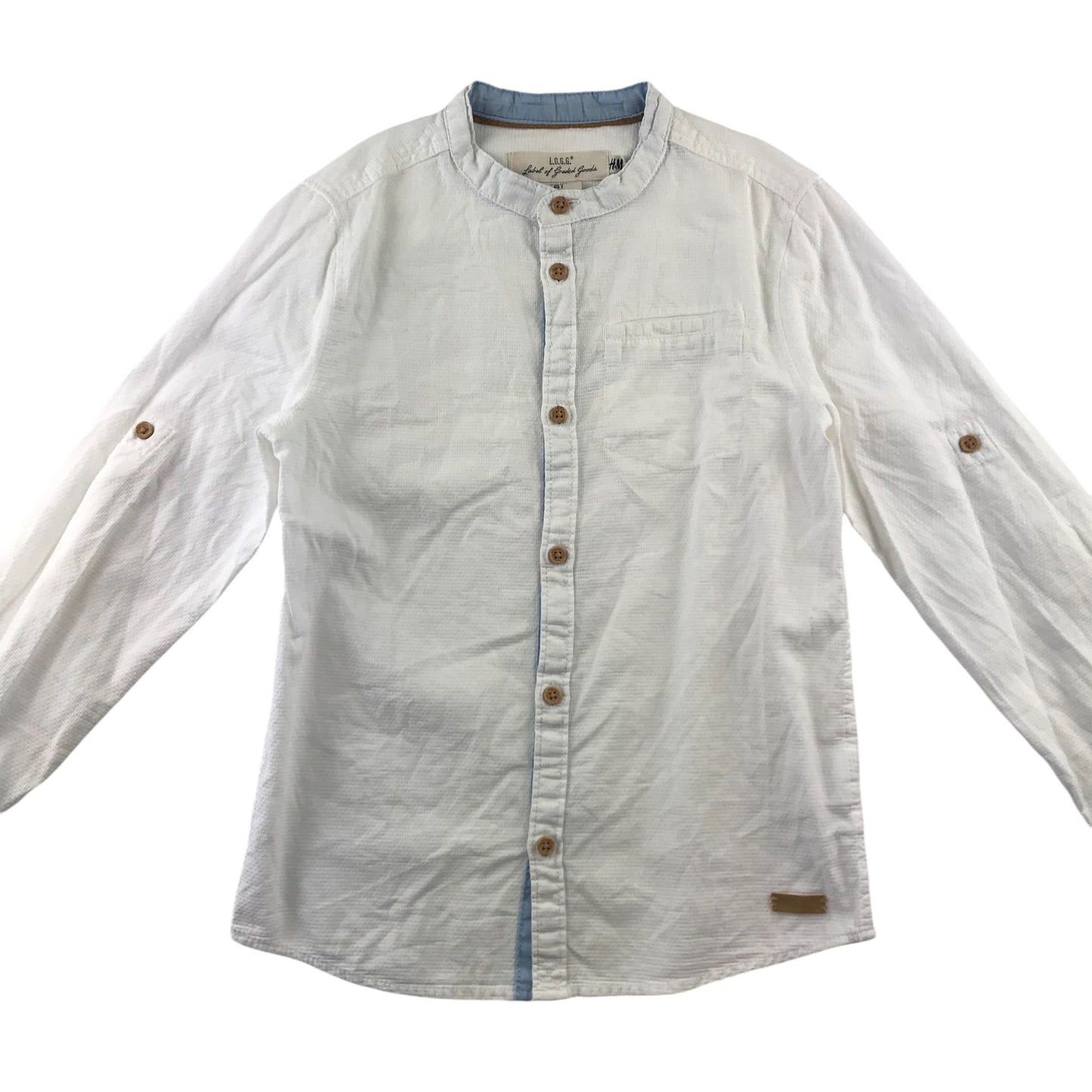 H&M Shirt 7-8 Years White Plain collarless Button-Up Cotton