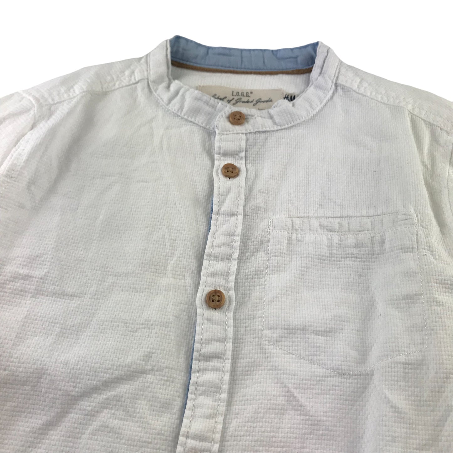 H&M Shirt 7-8 Years White Plain collarless Button-Up Cotton