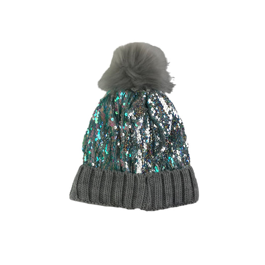 M&S Bobble Hat Age 6-10 Grey Sequins