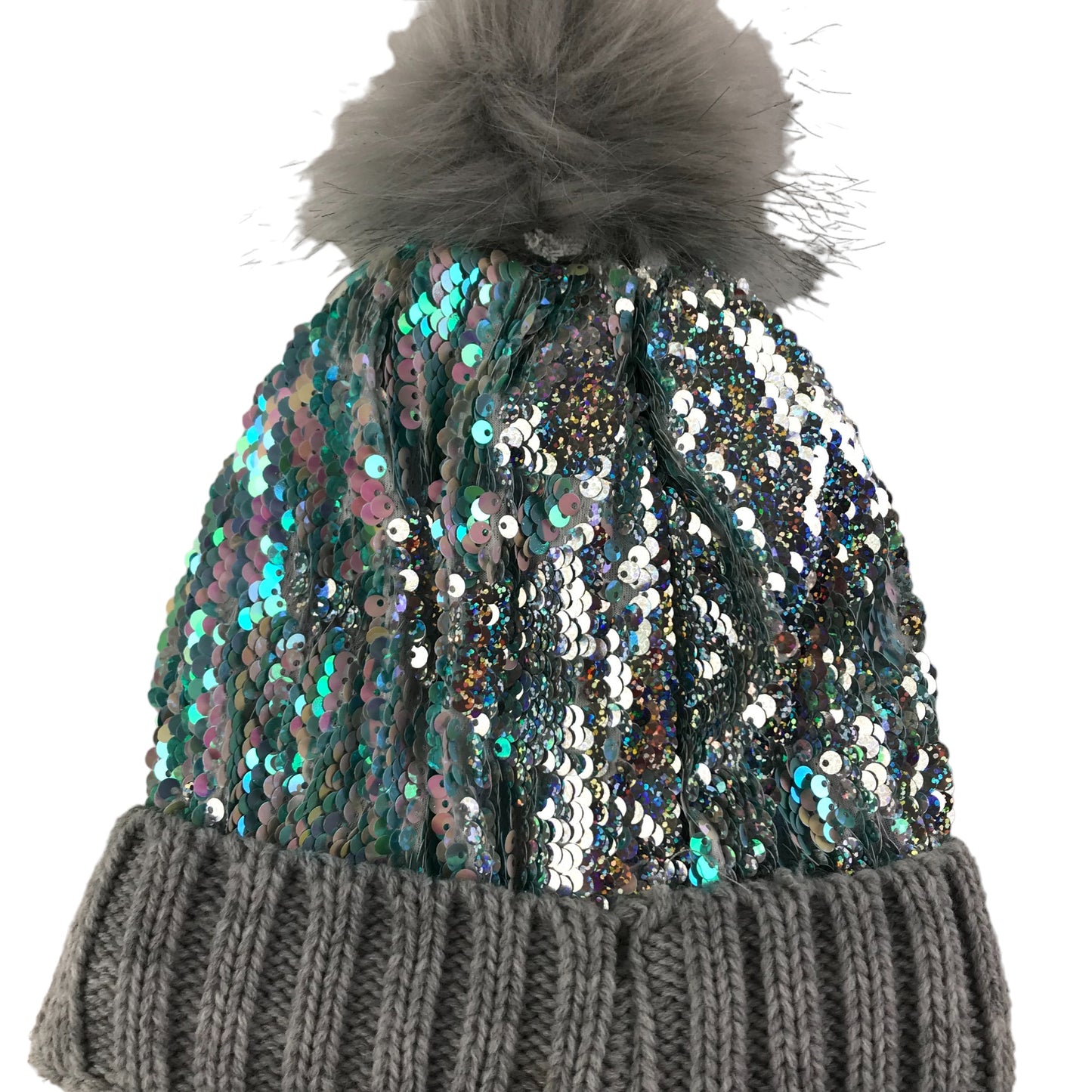 M&S Bobble Hat Age 6-10 Grey Sequins