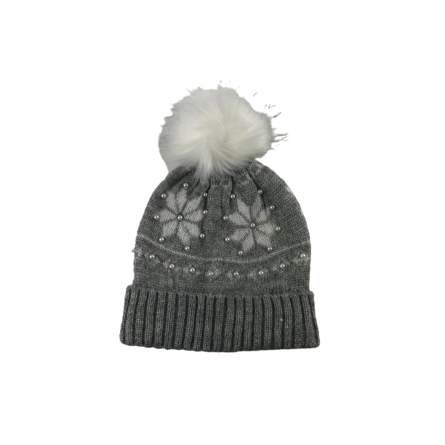 Matalan Bobble Hat and Scarf Set Age 11-13 Grey Snow Flakes and Pearls