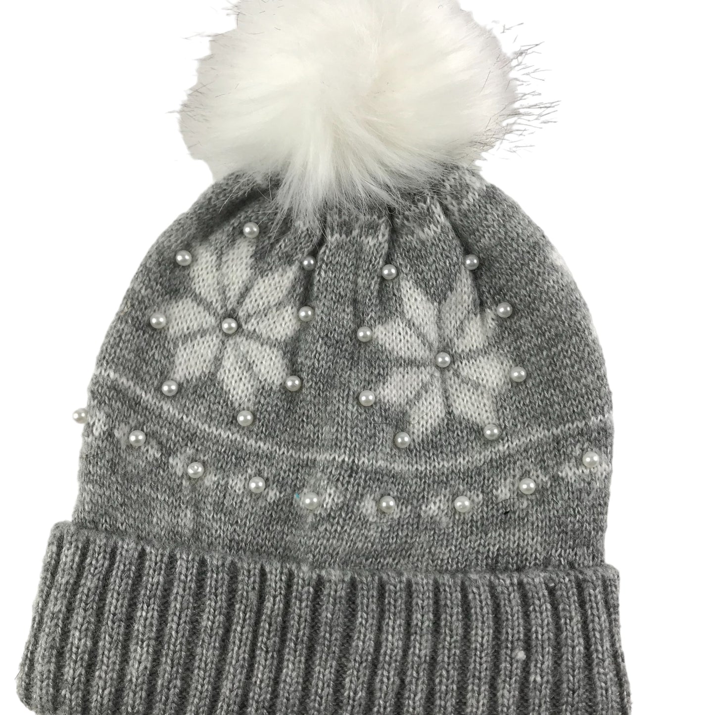 Matalan Bobble Hat and Scarf Set Age 11-13 Grey Snow Flakes and Pearls