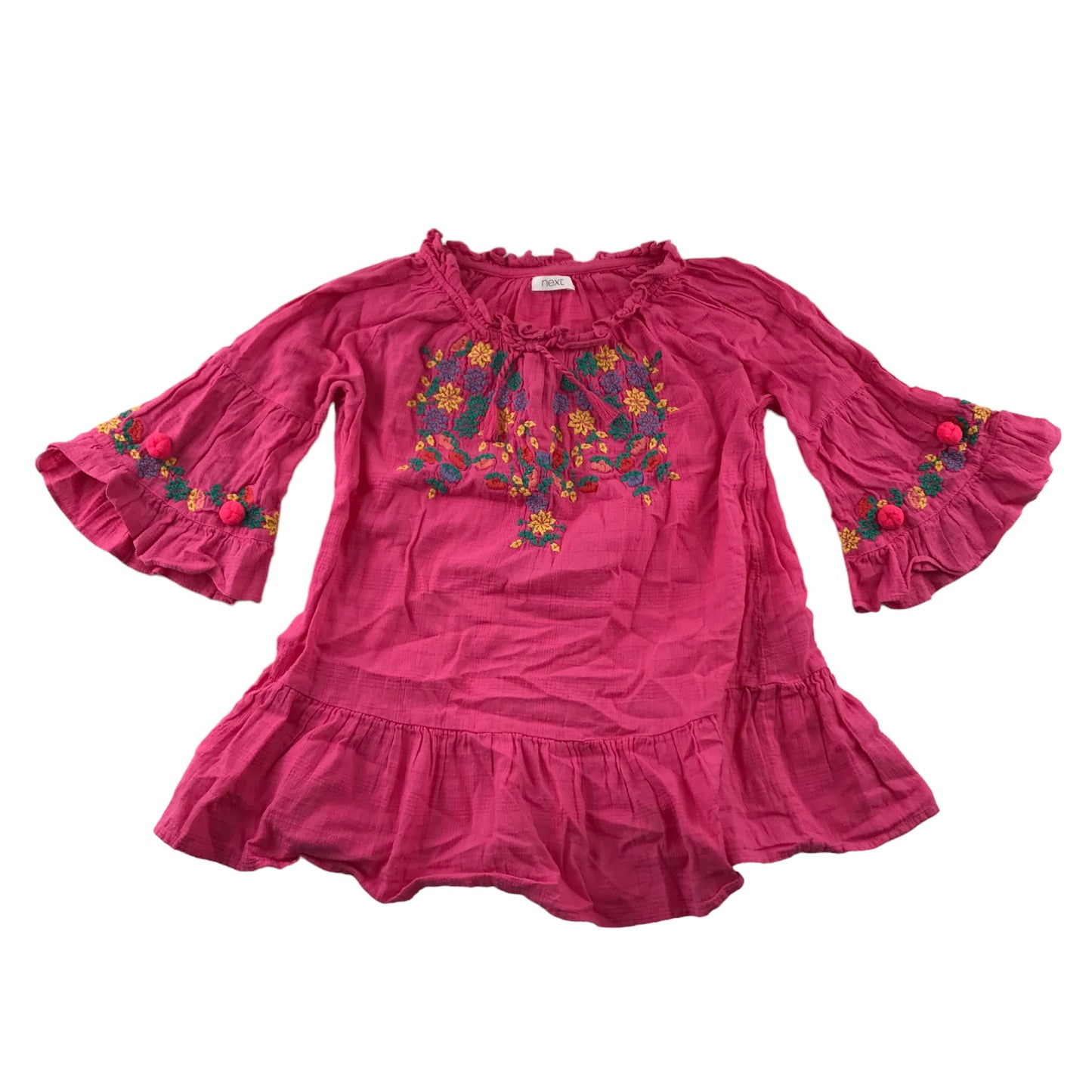 Next Blouse Age 7 Pink Floral Embroidery Flared 3/4 Sleeve Cotton