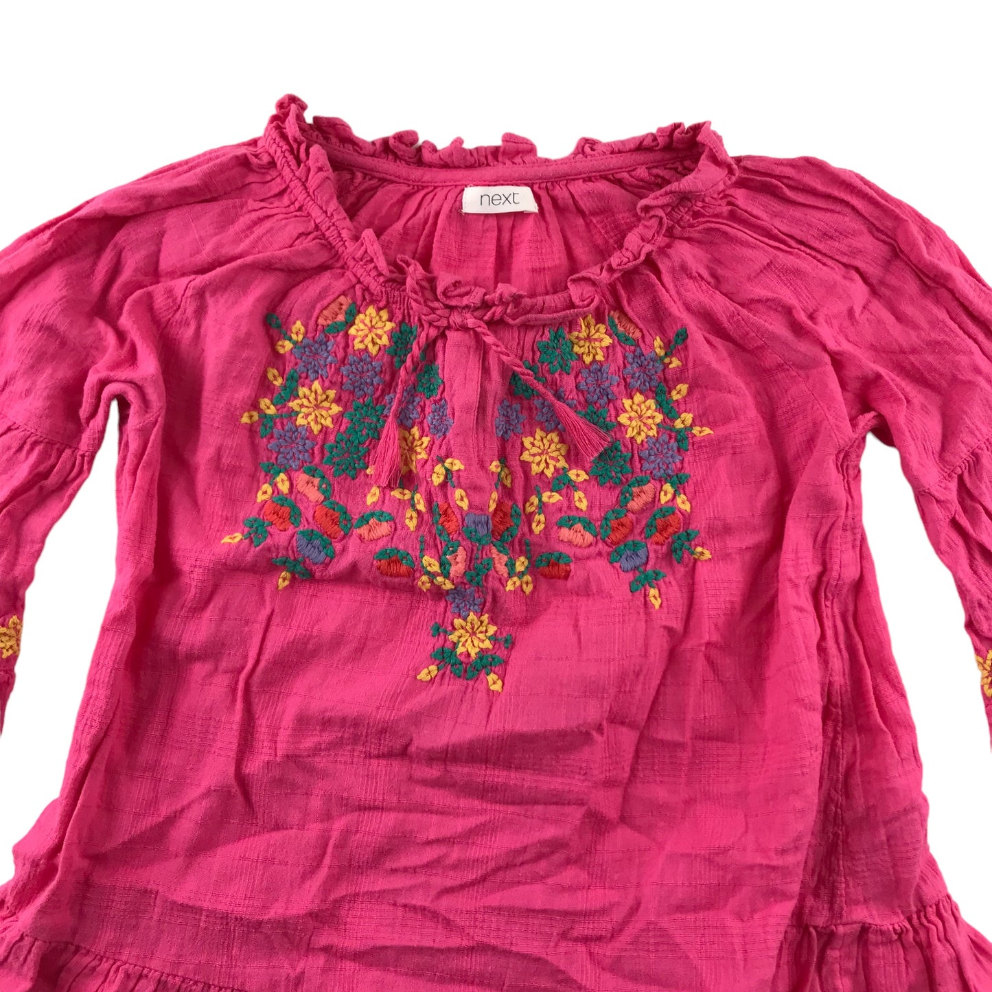 Next Blouse Age 7 Pink Floral Embroidery Flared 3/4 Sleeve Cotton