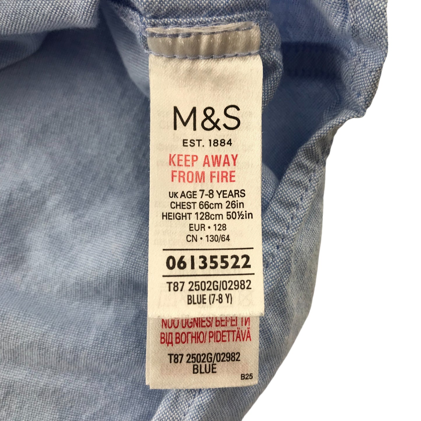 M&S Shirt 7-8 Years Blue Plain Button-Up Cotton