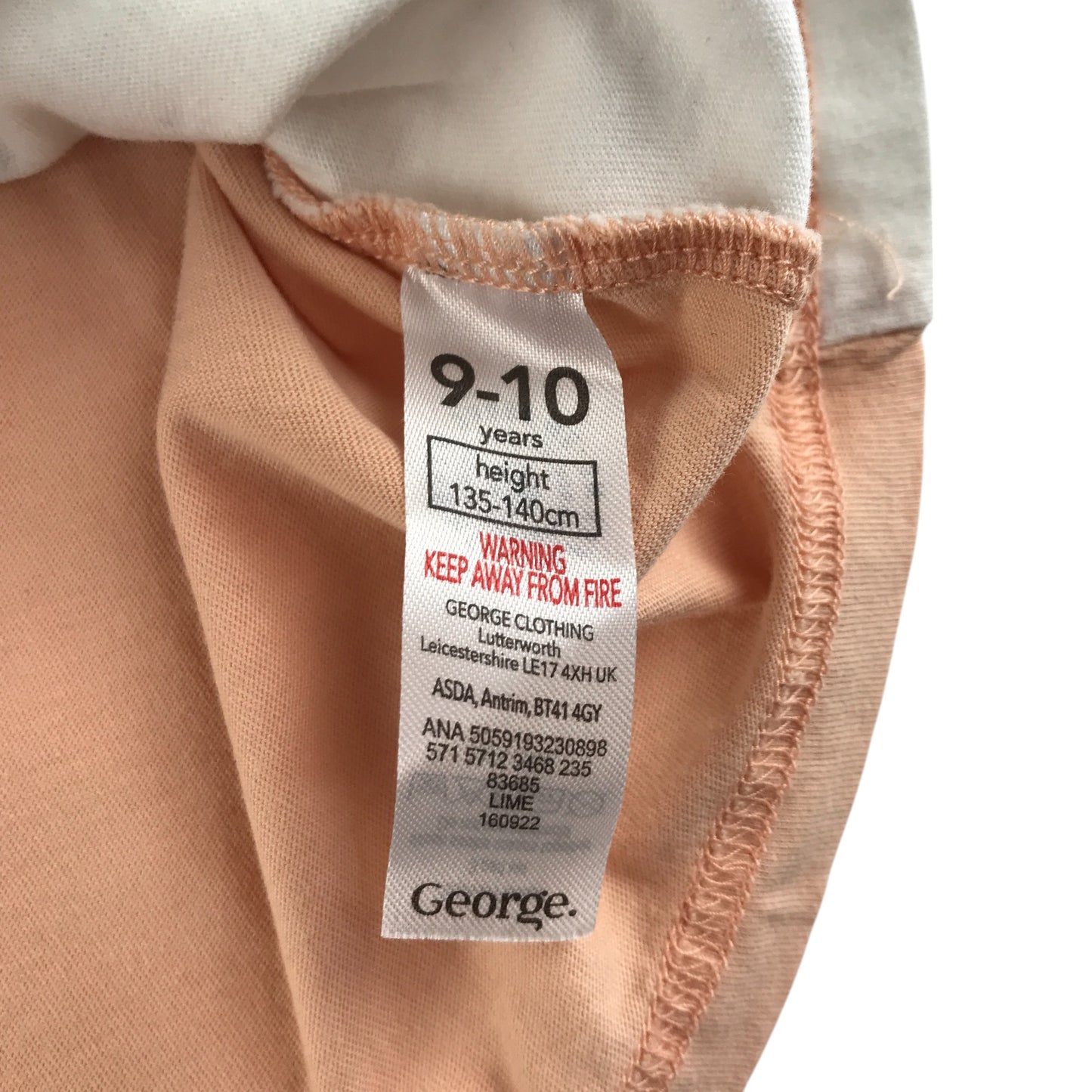 George t-shirt 9-10 years peachy white and lime panelled design cotton