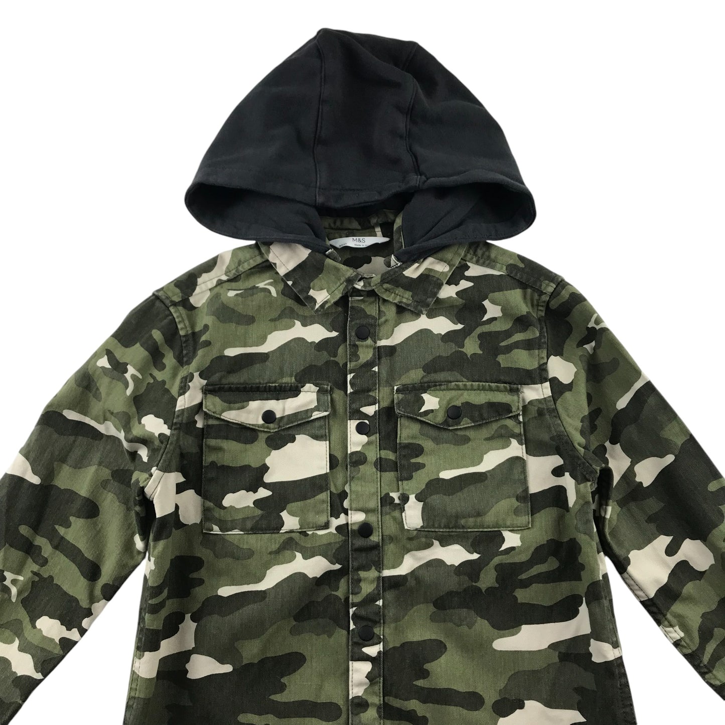 M&S Shirt 8-9 Years Green Camo Design with Black Hood