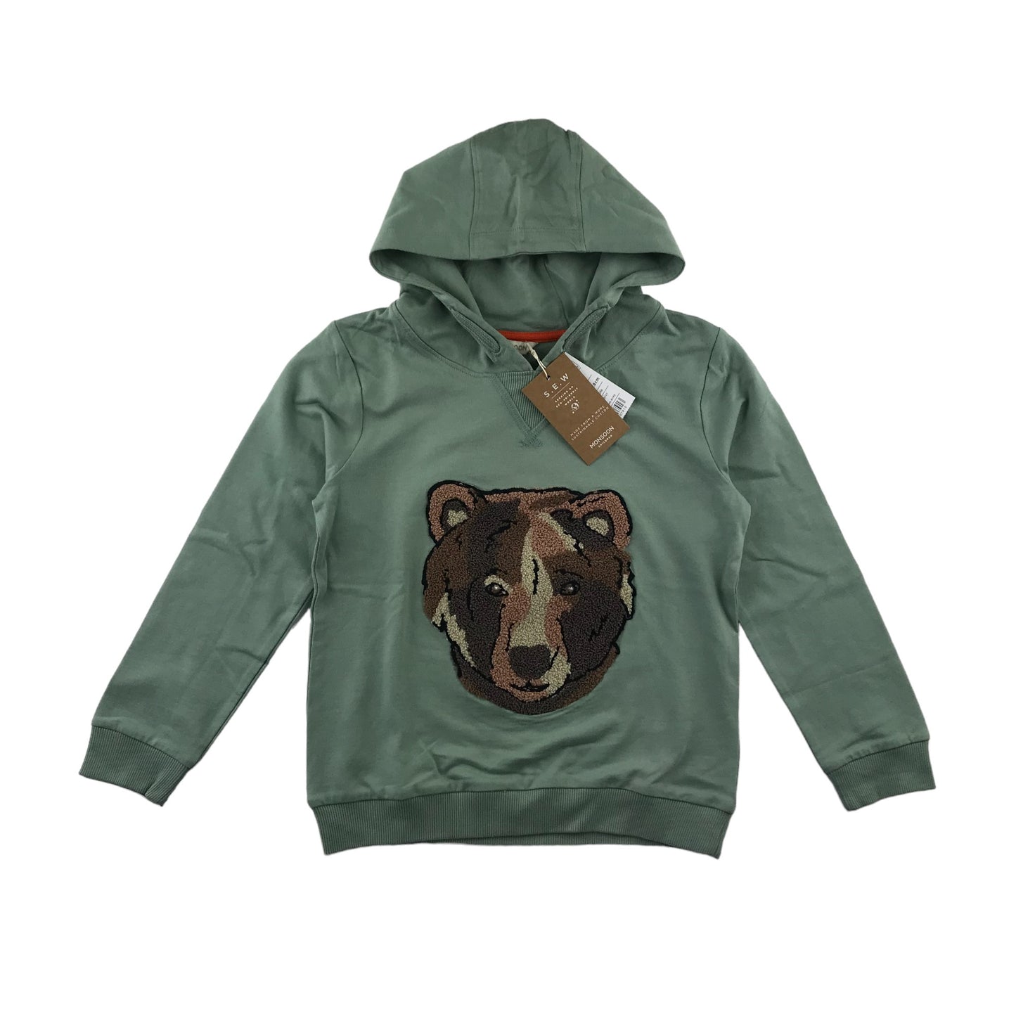 Monsoon hoodie 7-8 years dusty green bear embroidery pullover cotton