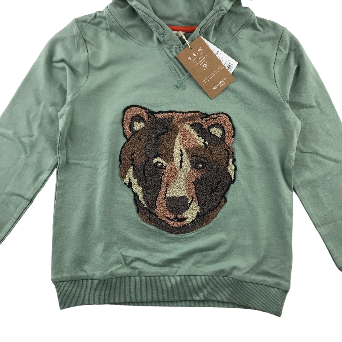 Monsoon hoodie 7-8 years dusty green bear embroidery pullover cotton