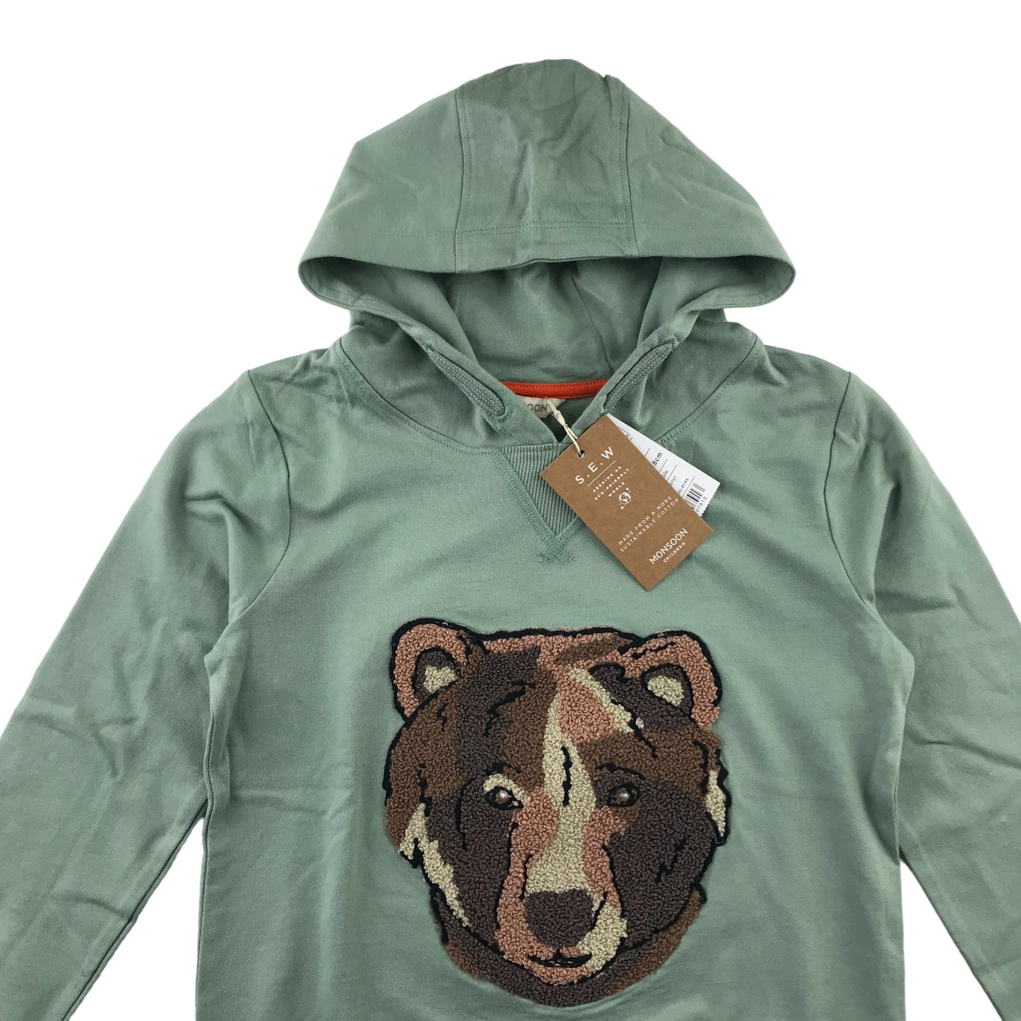 Monsoon hoodie 7-8 years dusty green bear embroidery pullover cotton