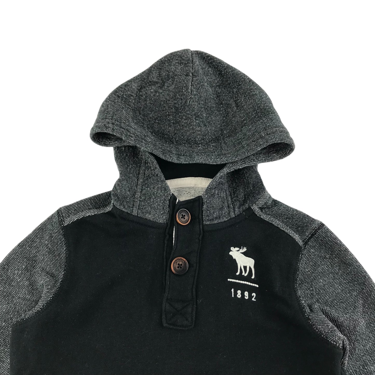Abercrombie Hoodie Age 7 Black and Grey Panelled Pullover with button up neck