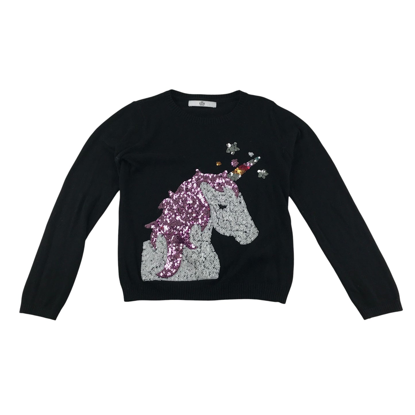 M&S jumper 8-9 years black sequin unicorn graphic design wool-mix