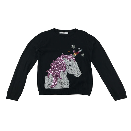M&S jumper 8-9 years black sequin unicorn graphic design wool-mix