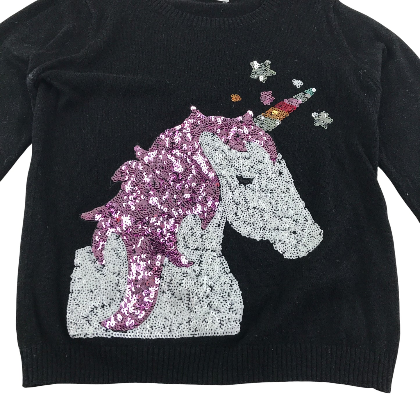 M&S jumper 8-9 years black sequin unicorn graphic design wool-mix