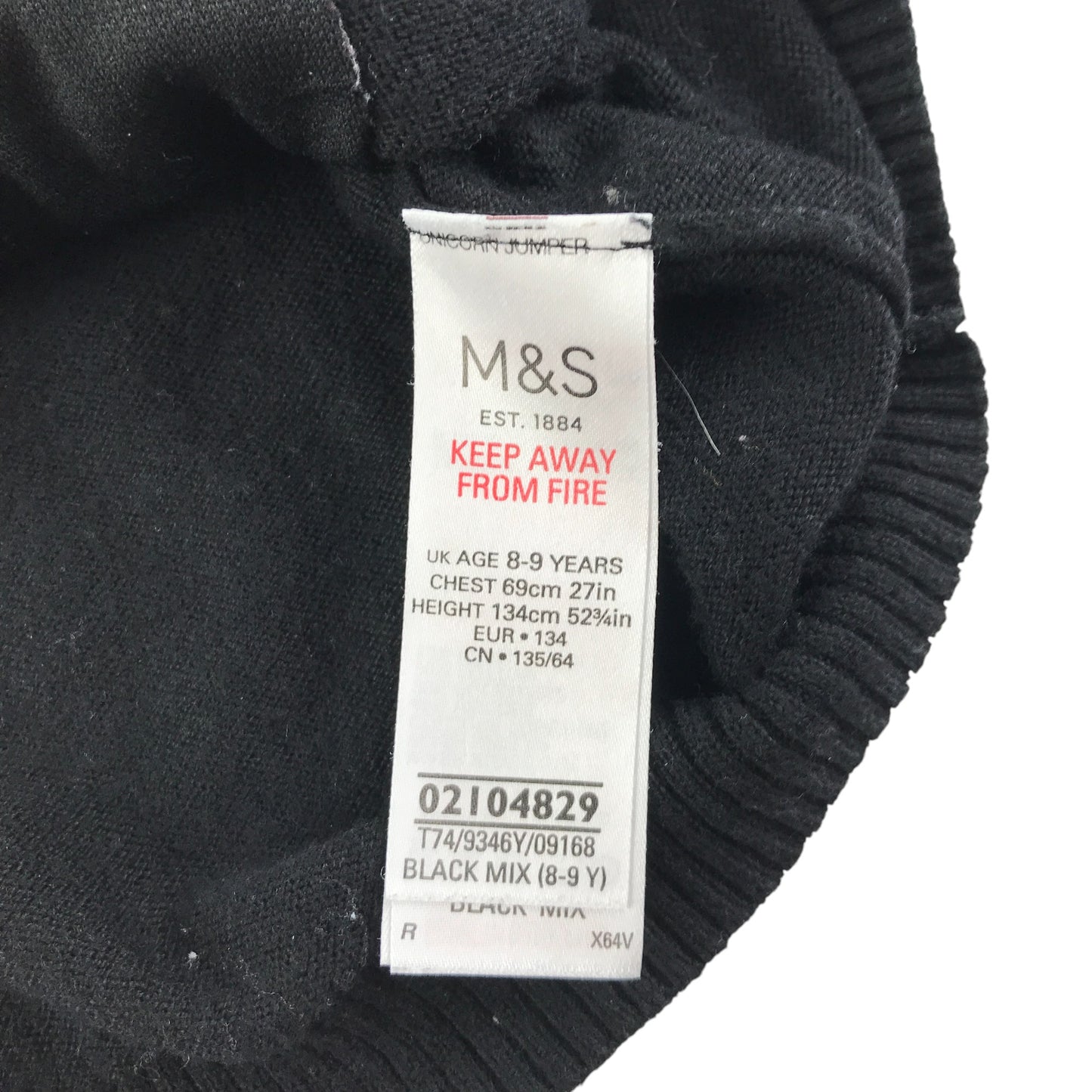 M&S jumper 8-9 years black sequin unicorn graphic design wool-mix