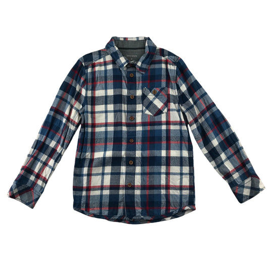 John Lewis Shirt 7-8 Years Blue and White Checked Button-Up with Front Pocket Cotton