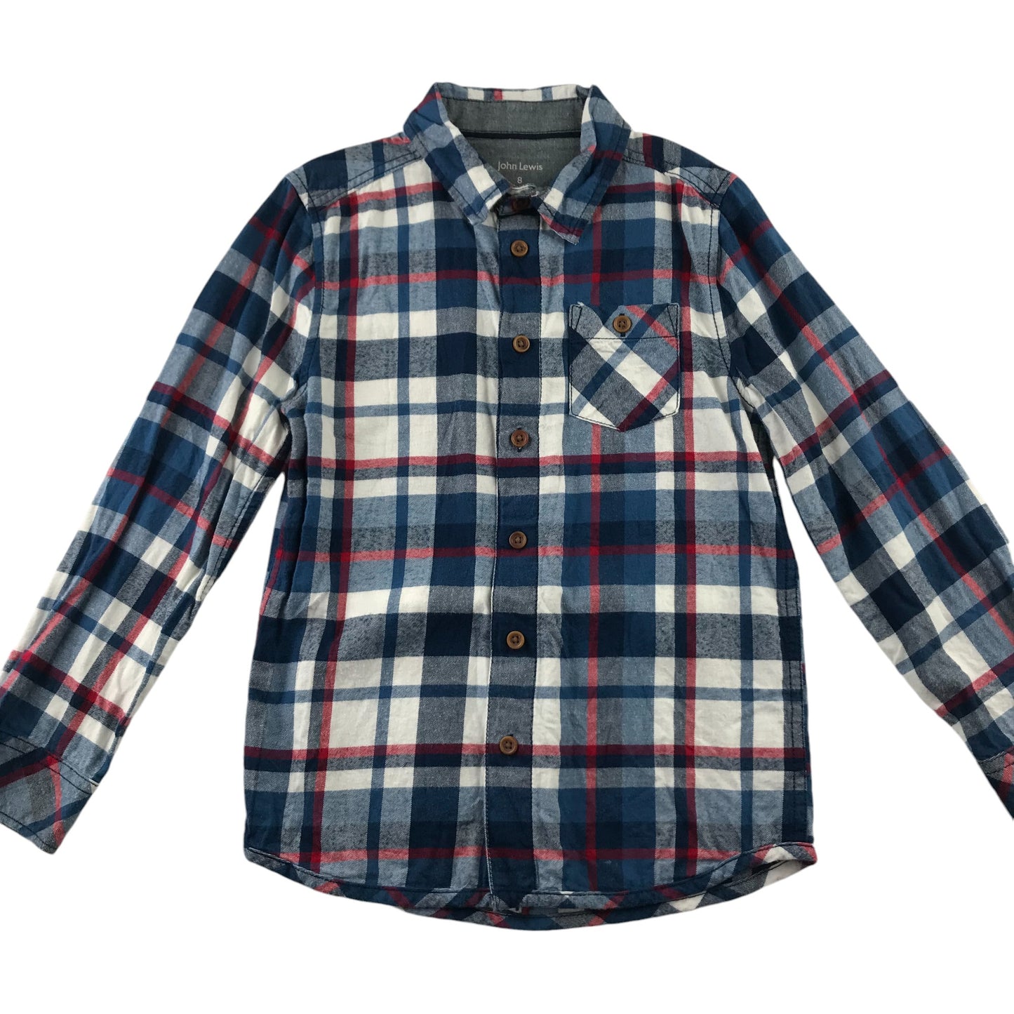 John Lewis Shirt 7-8 Years Blue and White Checked Button-Up with Front Pocket Cotton