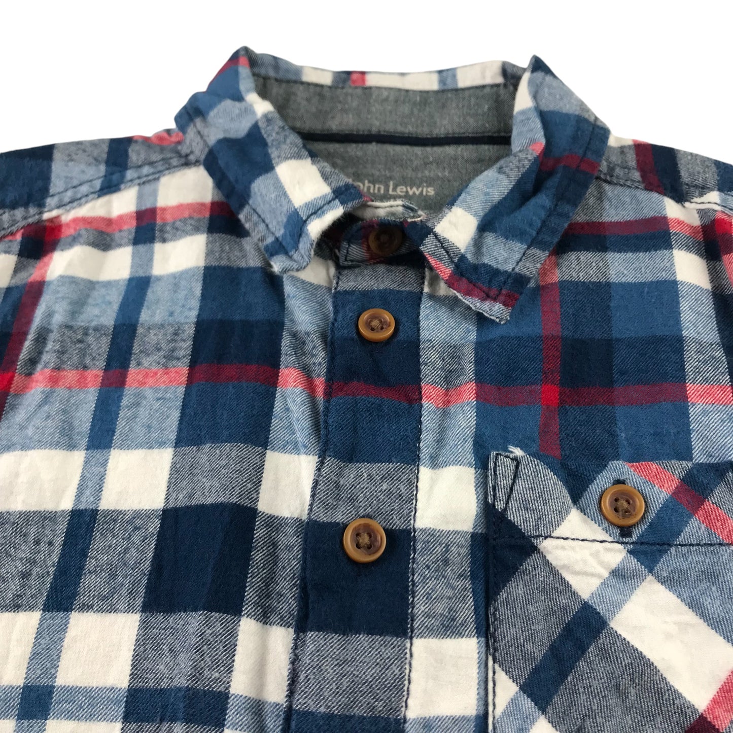 John Lewis Shirt 7-8 Years Blue and White Checked Button-Up with Front Pocket Cotton