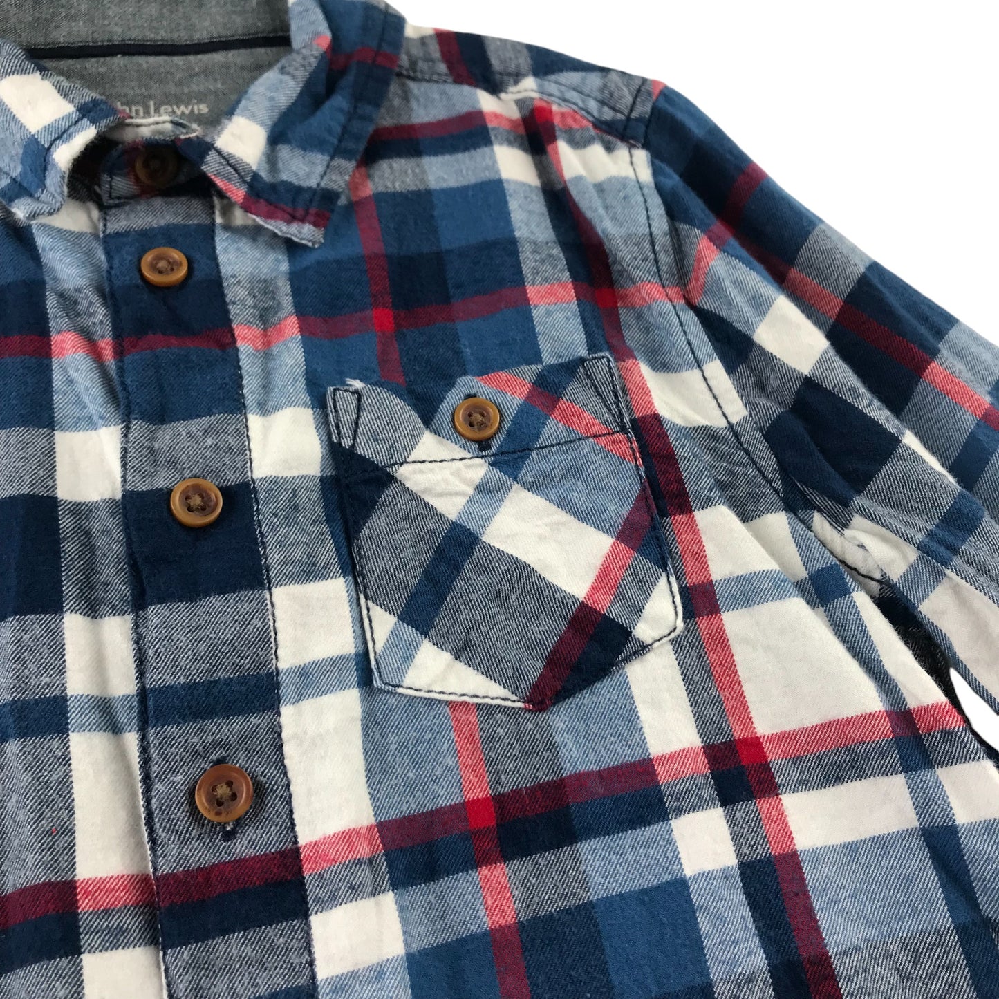 John Lewis Shirt 7-8 Years Blue and White Checked Button-Up with Front Pocket Cotton