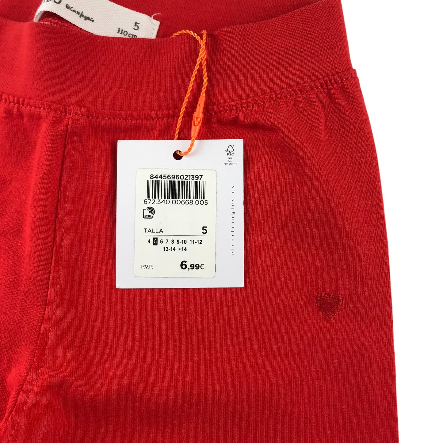 El Corte Ingles leggings 4-5 years red plain with love heart detail