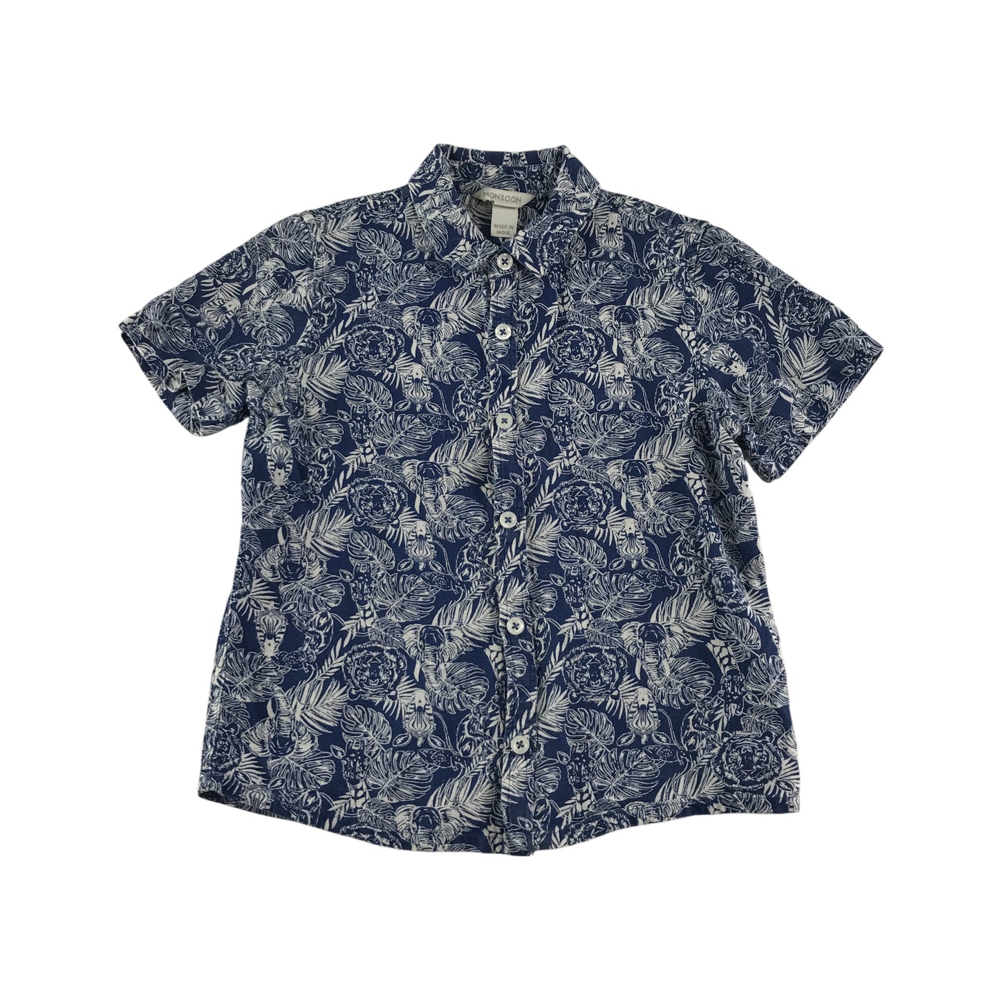 Monsoon shirt 7-8 years navy jungle animals print short sleeve cotton and linen blend